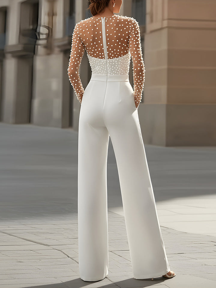Zoë Ella™ | Isa | Pearl-Embellished Sheer Bodice White Jumpsuit