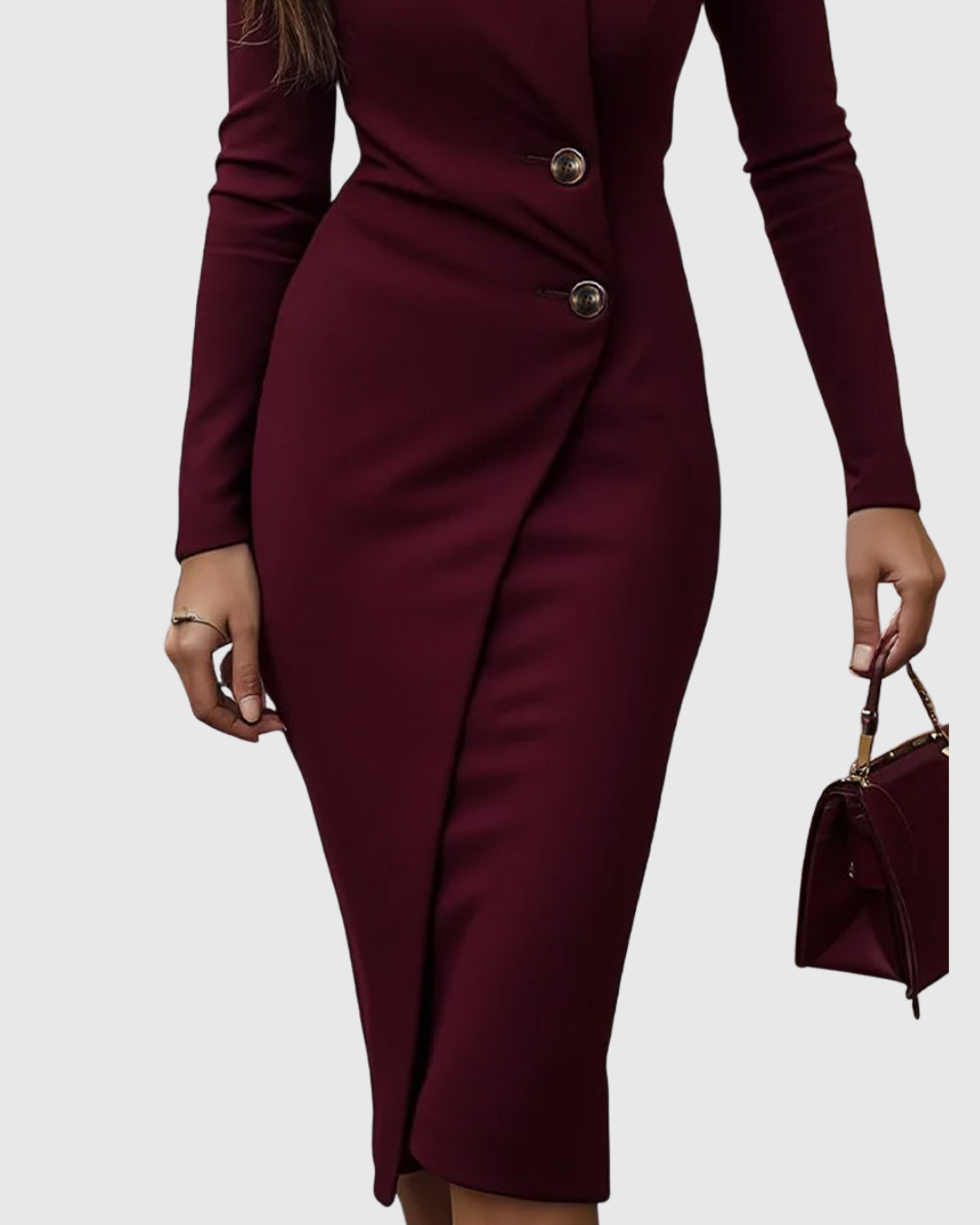 Zoë Ella™ | Luned | Burgundy Wrap-Style Buttoned Midi Dress