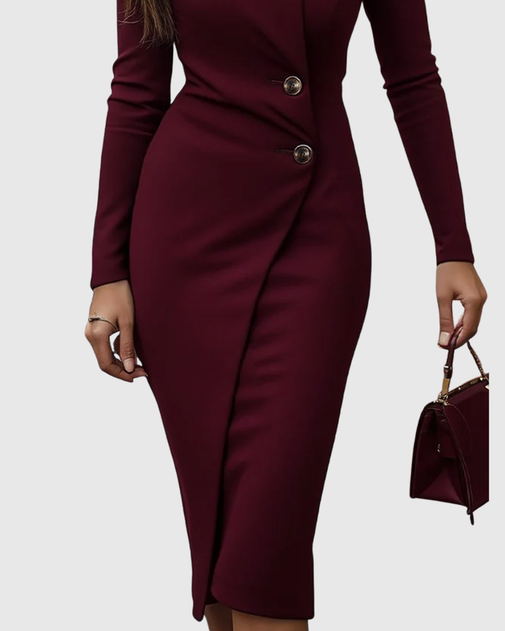 Zoë Ella™ | Luned | Burgundy Wrap-Style Buttoned Midi Dress