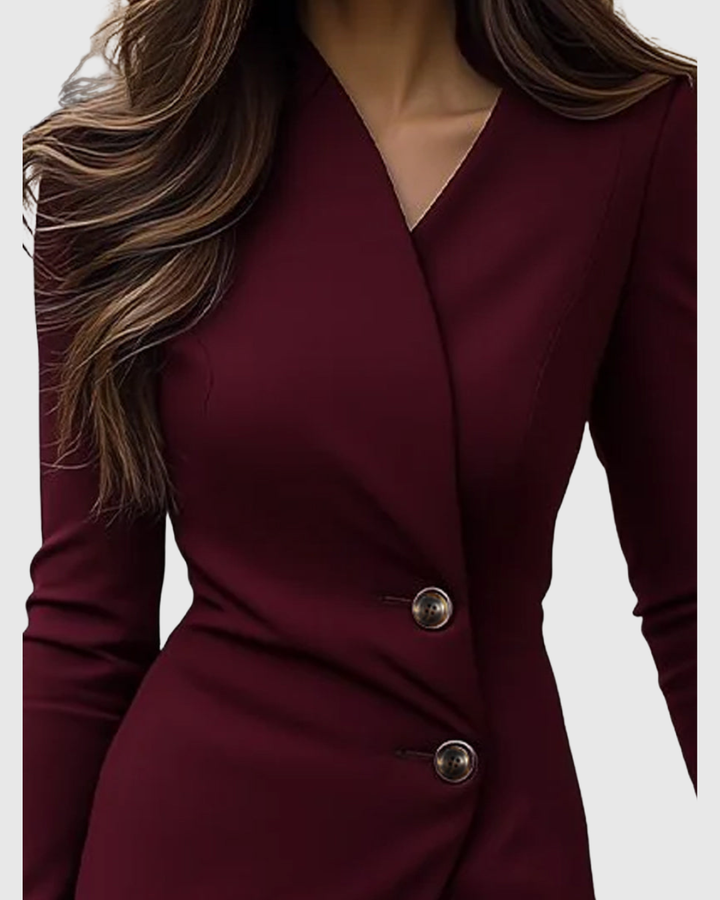 Zoë Ella™ | Luned | Burgundy Wrap-Style Buttoned Midi Dress