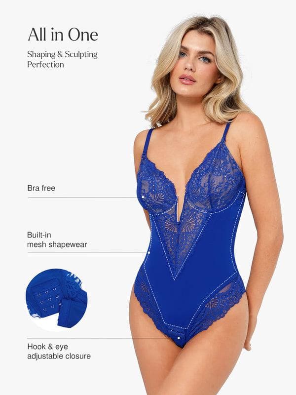 Zoë Ella™ | Shapewear Lace Deep V-Neck Sculpting Thong Bodysuit