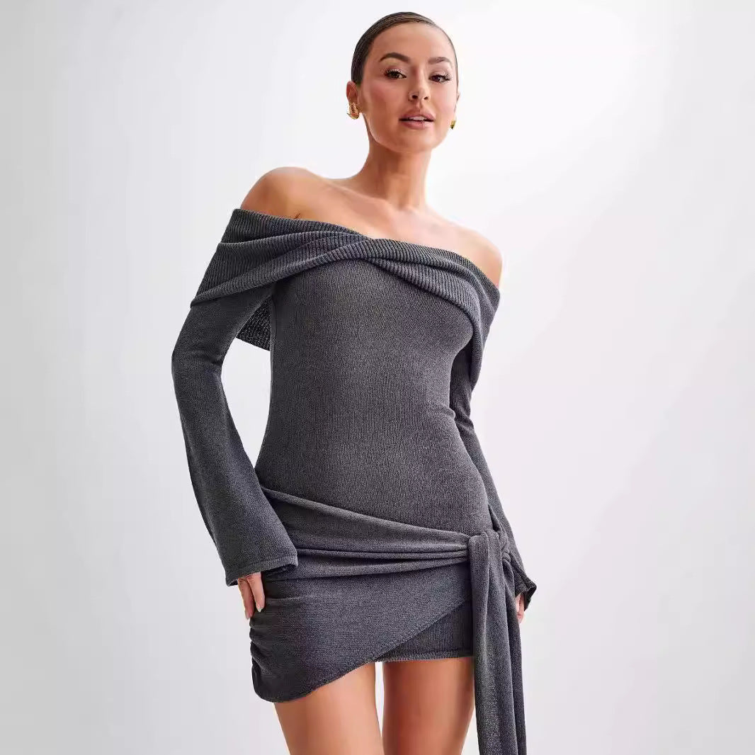Zoë Ella™  | Sidony - Waist Knot Off-Shoulder Knitted Mini Dress