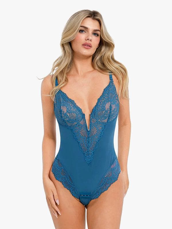 Zoë Ella™ | Shapewear Lace Deep V-Neck Sculpting Thong Bodysuit