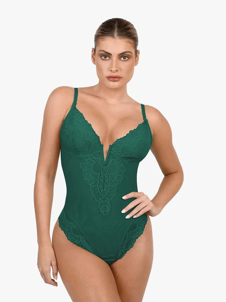 Zoë Ella™ | Shapewear Lace Deep V-Neck Sculpting Thong Bodysuit
