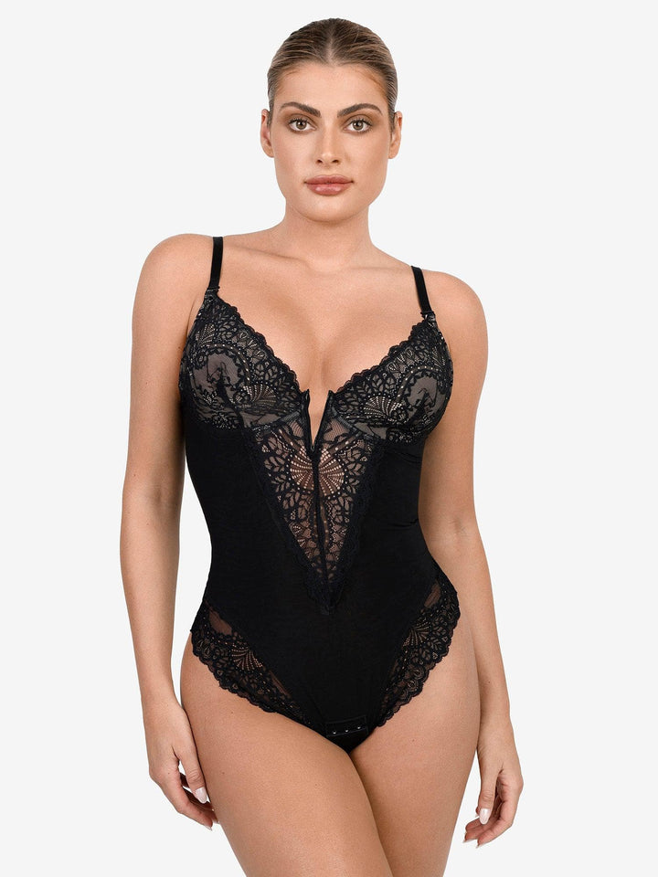 Zoë Ella™ | Shapewear Lace Deep V-Neck Sculpting Thong Bodysuit