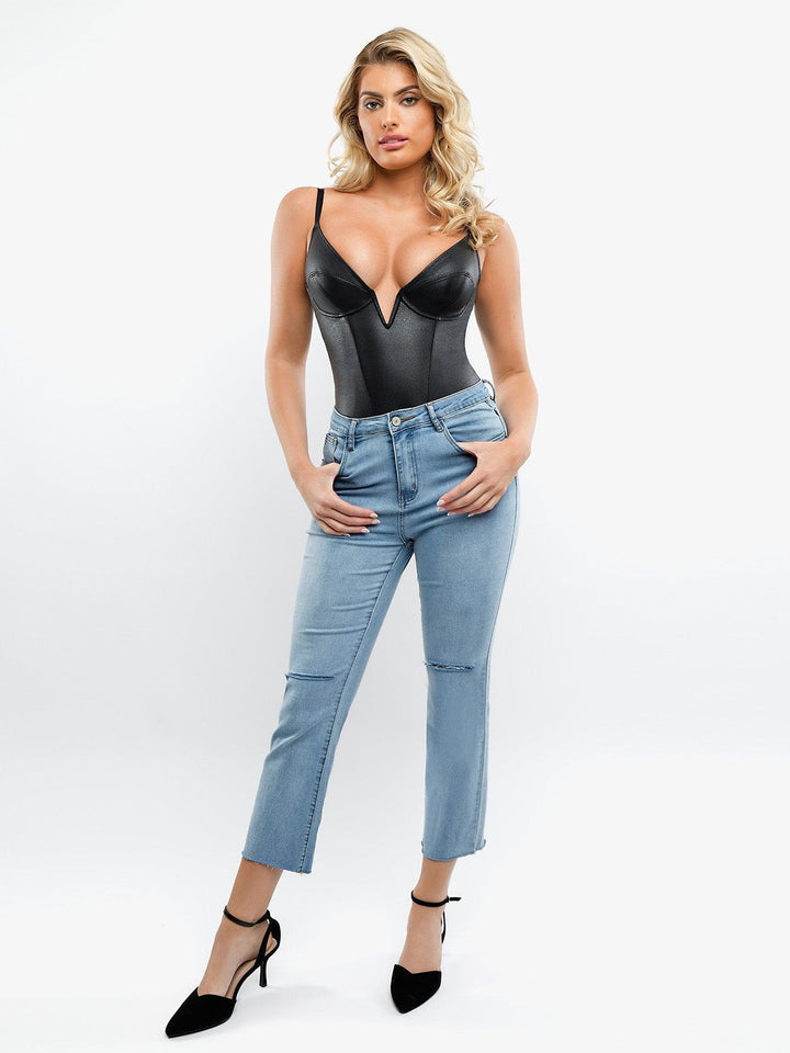 Zoë Ella™ | Shapewear Faux Leather Plunging V Sculpting Corset Bodysuit
