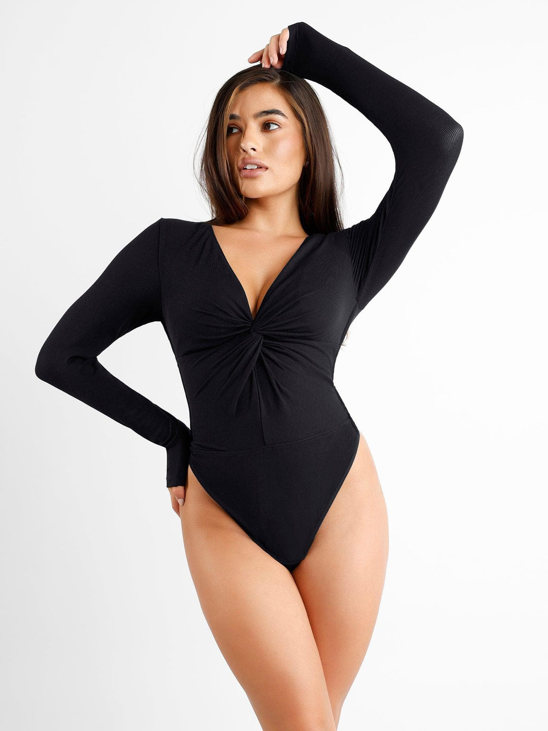 Zoë Ella™ | Shapewear Long Sleeve Twist Front Modal Thong Bodysuit