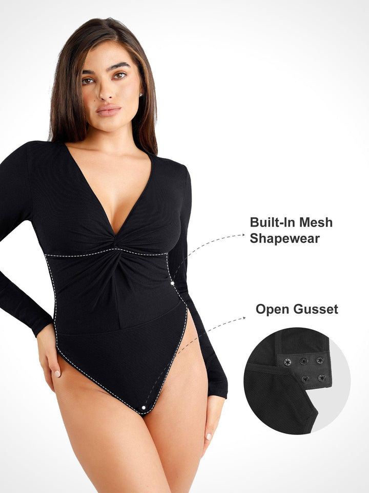 Zoë Ella™ | Shapewear Long Sleeve Twist Front Modal Thong Bodysuit