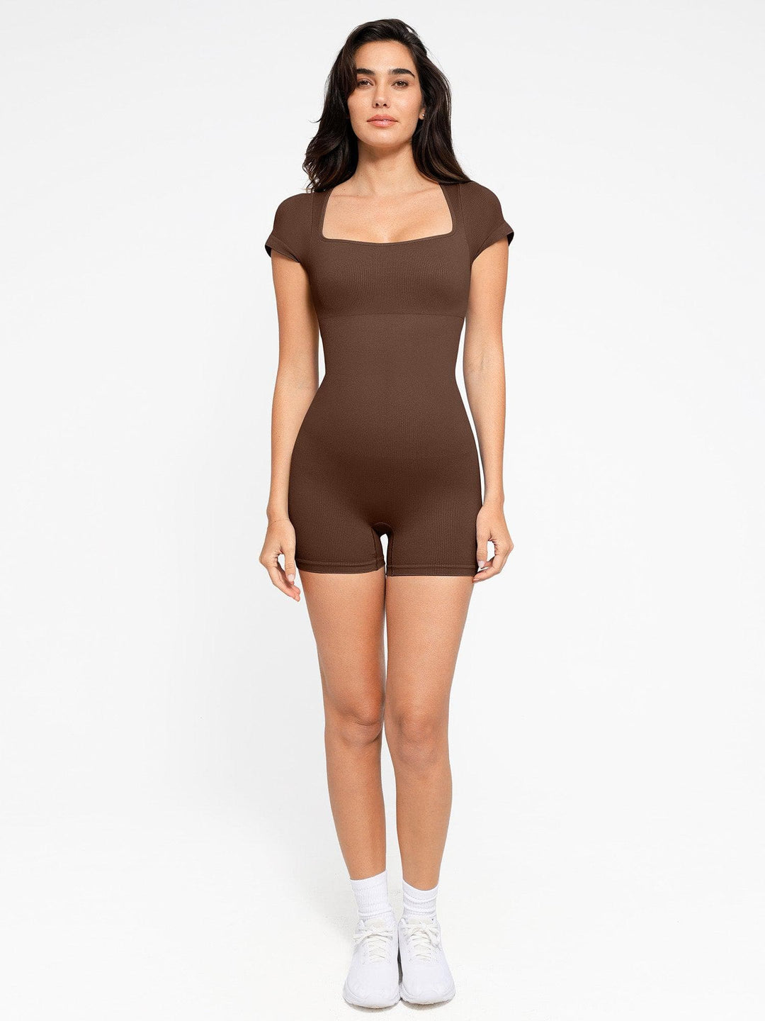 Zoë Ella™ | Shapewear Seamless Rib Square Neck Cap Sleeve Romper