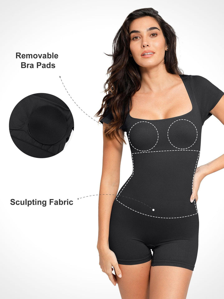 Zoë Ella™ | Shapewear Seamless Rib Square Neck Cap Sleeve Romper