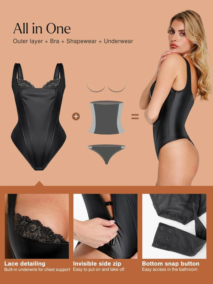 Zoë Ella™ | Shapewear Faux Leather Lace Balconette Sculpting Bodysuit