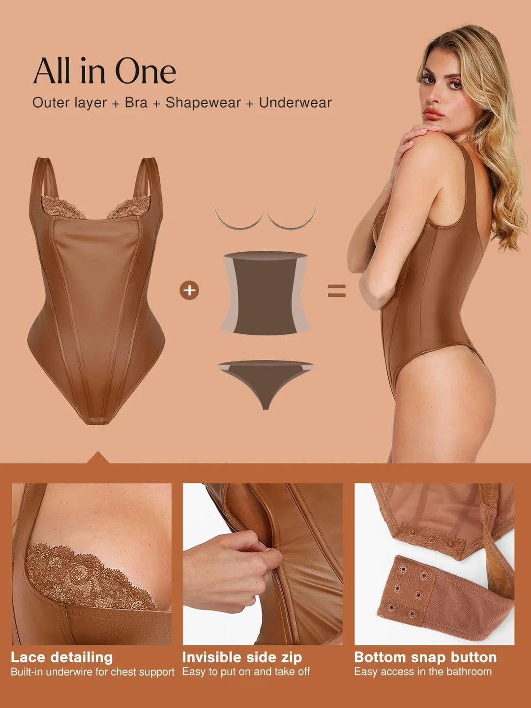 Zoë Ella™ | Shapewear Faux Leather Lace Balconette Sculpting Bodysuit