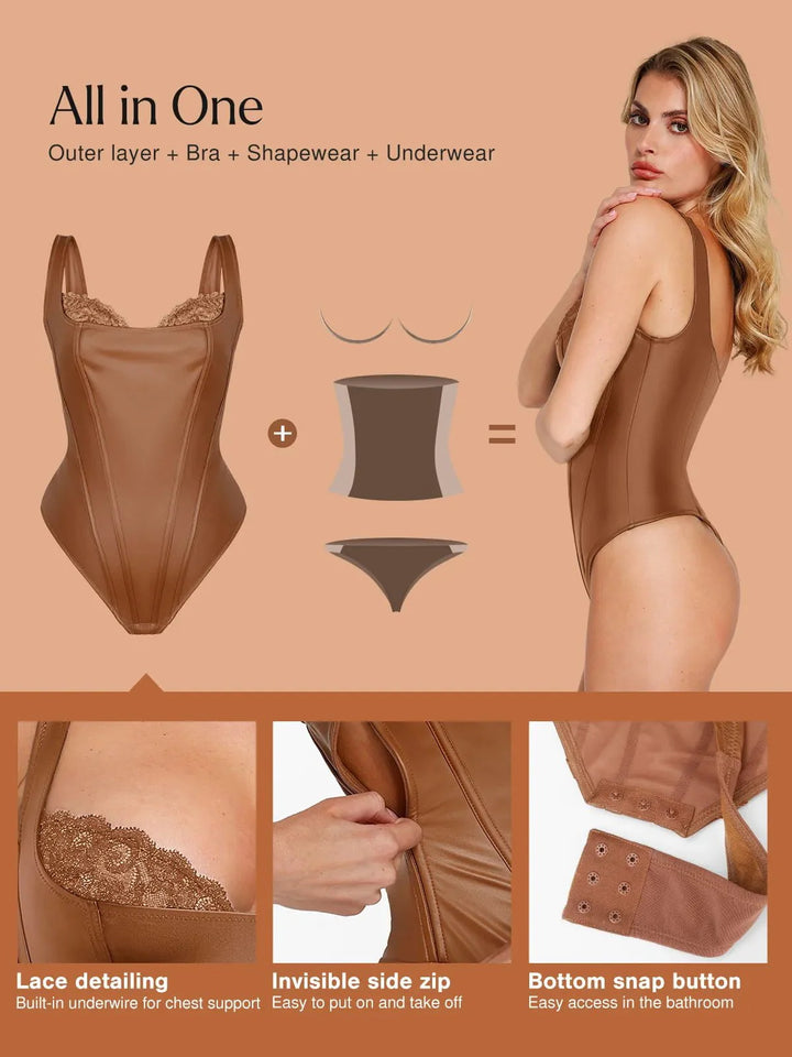 Zoë Ella™ | Shapewear Faux Leather Lace Balconette Sculpting Bodysuit