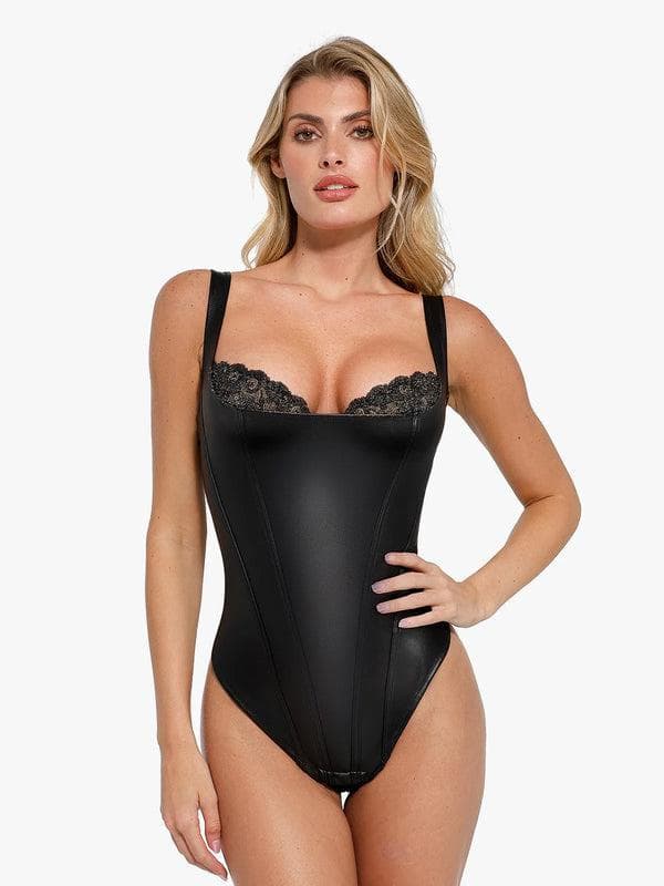 Zoë Ella™ | Shapewear Faux Leather Lace Balconette Sculpting Bodysuit