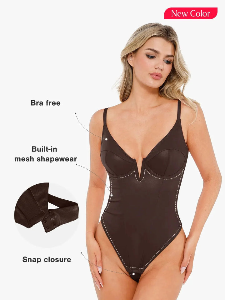 Zoë Ella™ | Shapewear Faux Leather Plunging V Sculpting Corset Bodysuit