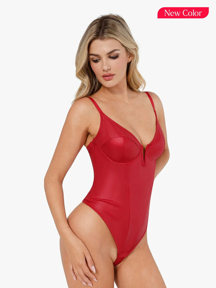 Zoë Ella™ | Shapewear Faux Leather Plunging V Sculpting Corset Bodysuit
