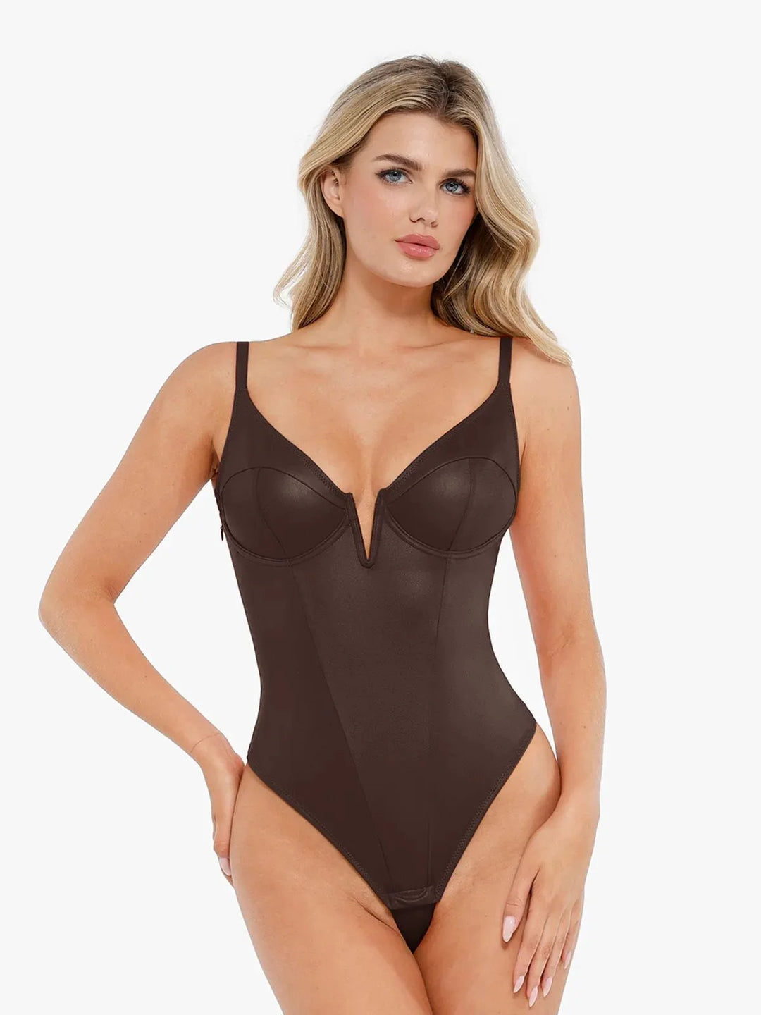Zoë Ella™ | Shapewear Faux Leather Plunging V Sculpting Corset Bodysuit