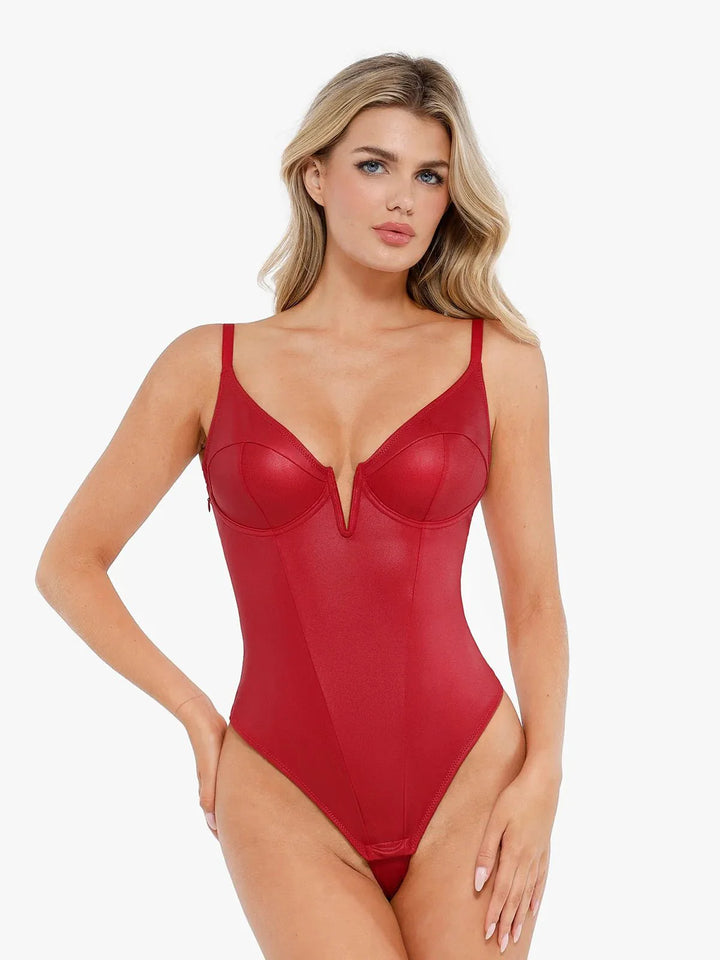 Zoë Ella™ | Shapewear Faux Leather Plunging V Sculpting Corset Bodysuit