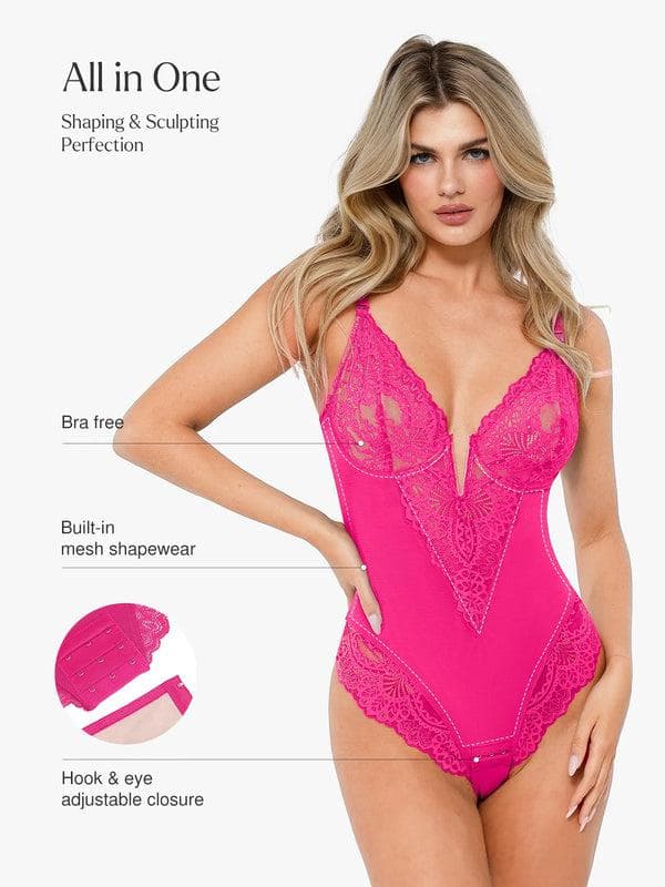Zoë Ella™ | Shapewear Lace Deep V-Neck Sculpting Thong Bodysuit