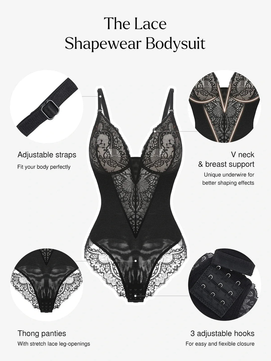 Zoë Ella™ | Shapewear Lace Deep V-Neck Sculpting Thong Bodysuit
