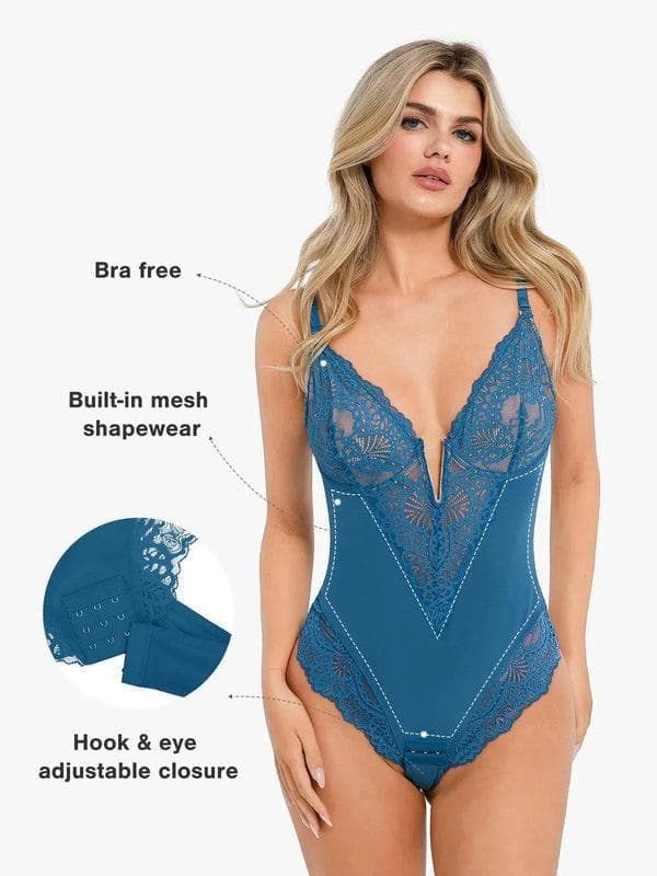 Zoë Ella™ | Shapewear Lace Deep V-Neck Sculpting Thong Bodysuit