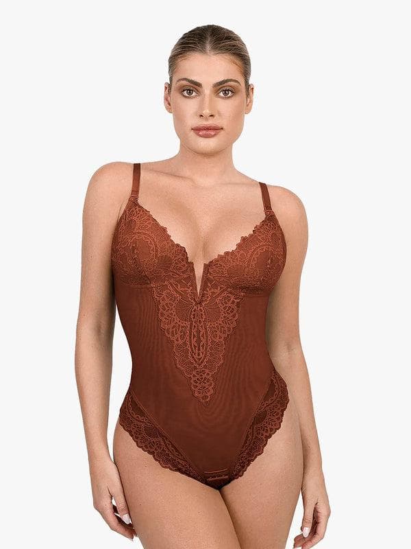 Zoë Ella™ | Shapewear Lace Deep V-Neck Sculpting Thong Bodysuit