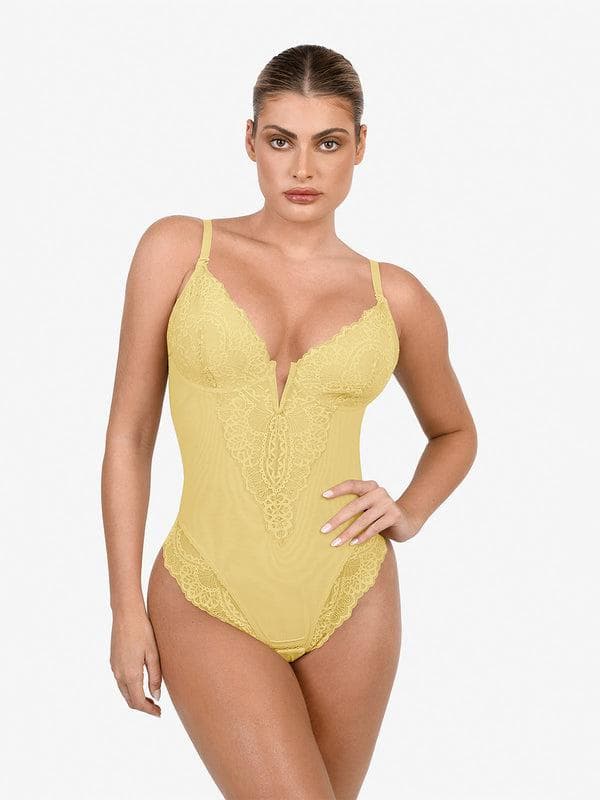 Zoë Ella™ | Shapewear Lace Deep V-Neck Sculpting Thong Bodysuit
