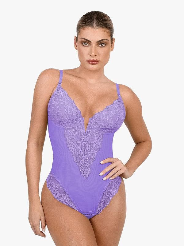 Zoë Ella™ | Shapewear Lace Deep V-Neck Sculpting Thong Bodysuit
