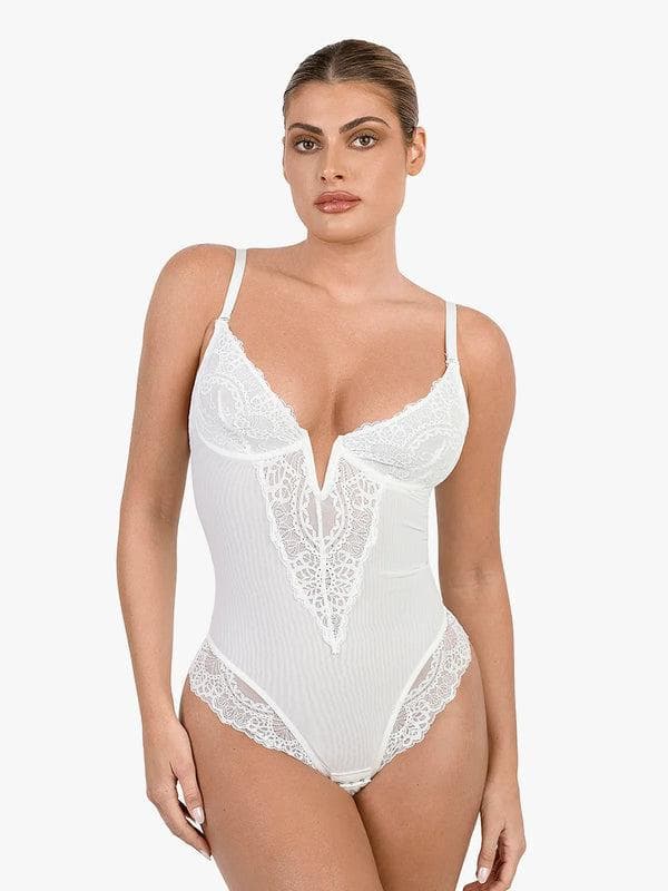 Zoë Ella™ | Shapewear Lace Deep V-Neck Sculpting Thong Bodysuit