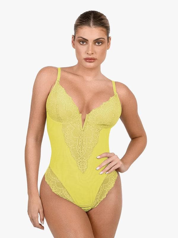 Zoë Ella™ | Shapewear Lace Deep V-Neck Sculpting Thong Bodysuit