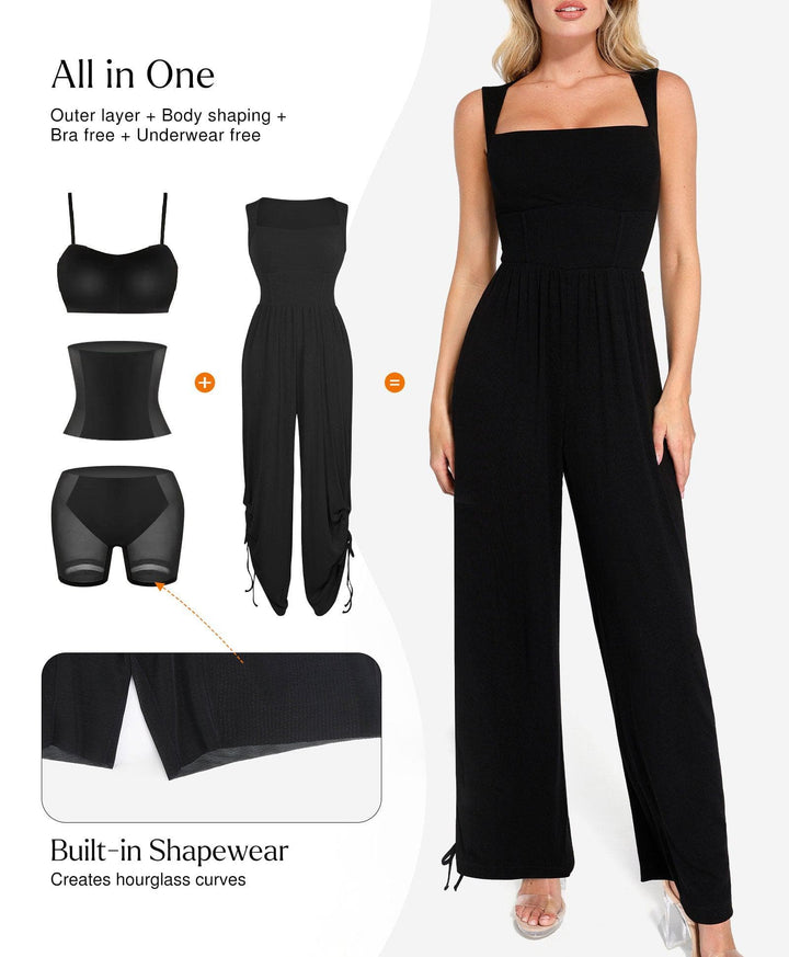 Zoë Ella™ | Shapewear Square Neck Tummy Control Wide Leg Jumpsuit