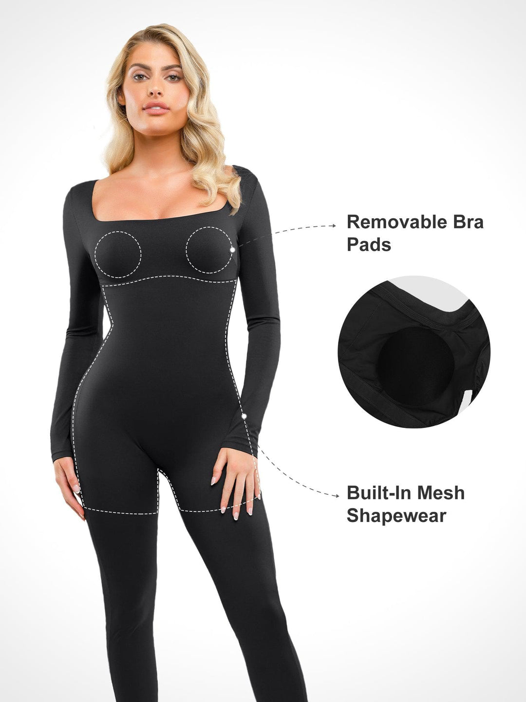 Zoë Ella™ | Shapewear Square Neck Long Sleeve Butt Lift Jumpsuit