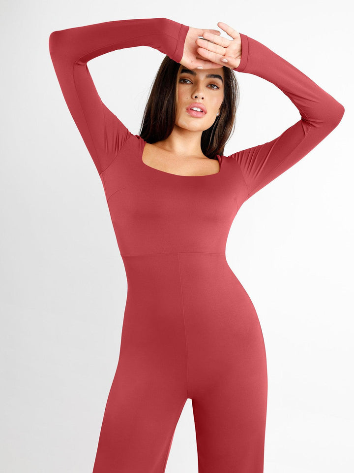 Zoë Ella™ | Shapewear Long Sleeve Square Neck Slimming Wide Leg Jumpsuit