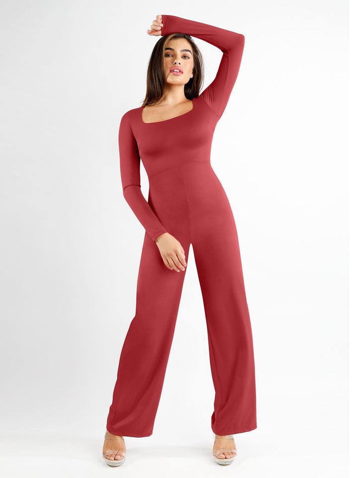 Zoë Ella™ | Shapewear Long Sleeve Square Neck Slimming Wide Leg Jumpsuit