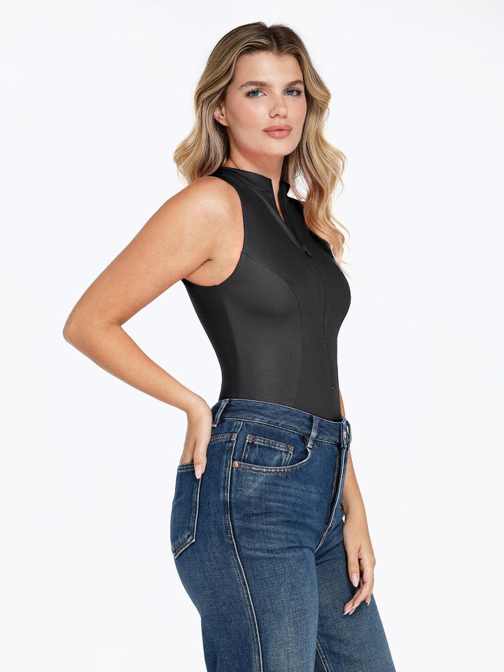 Zoë Ella™ | Shapewear Faux Leather Mock Neck Zip Front Sculpting Bodysuit