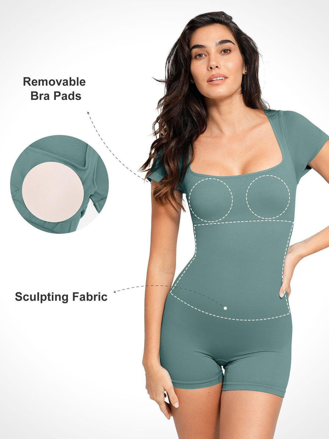Zoë Ella™ | Shapewear Seamless Rib Square Neck Cap Sleeve Romper