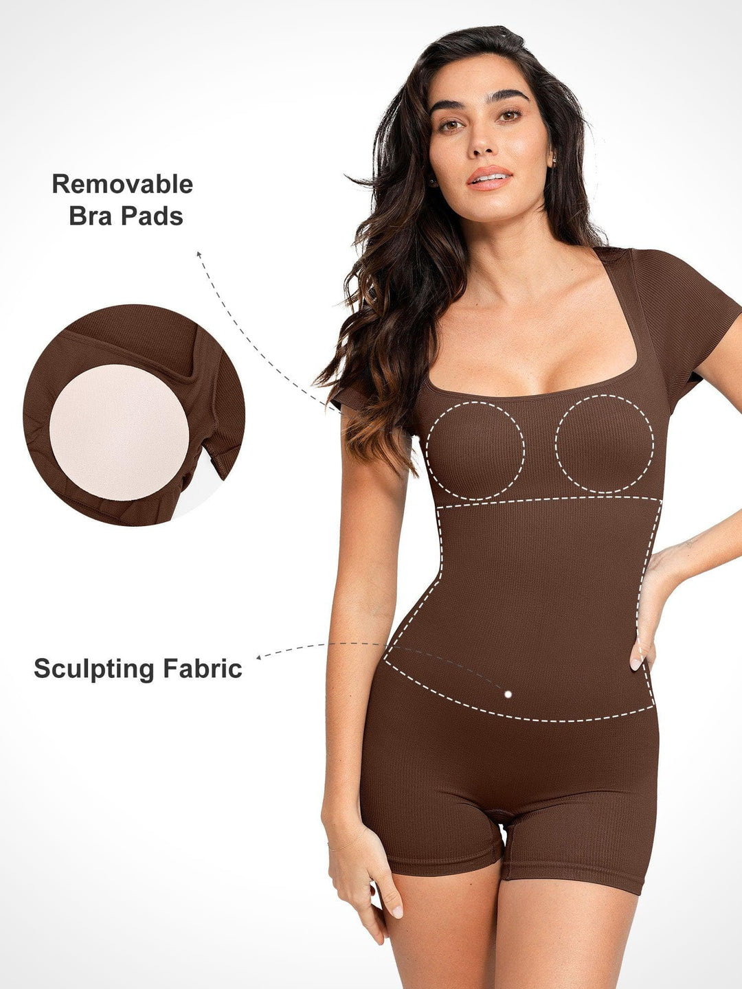 Zoë Ella™ | Shapewear Seamless Rib Square Neck Cap Sleeve Romper